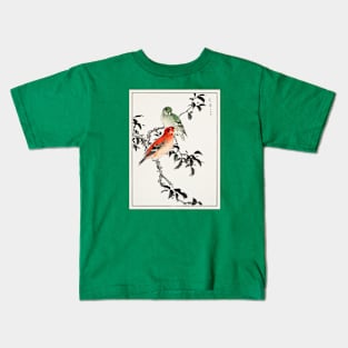 Crossbills on tree branch vintage Japanese woodblock print Kids T-Shirt